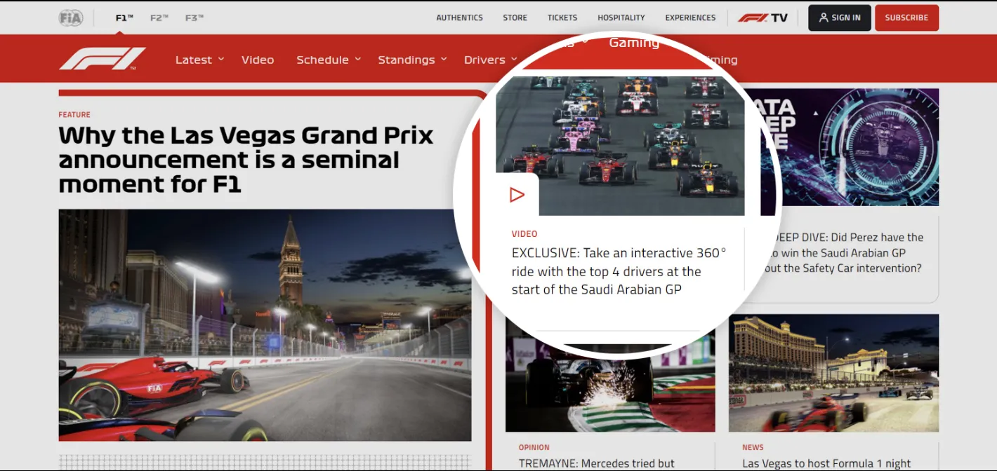 BestSeat360 360° experience featured on F1.com website